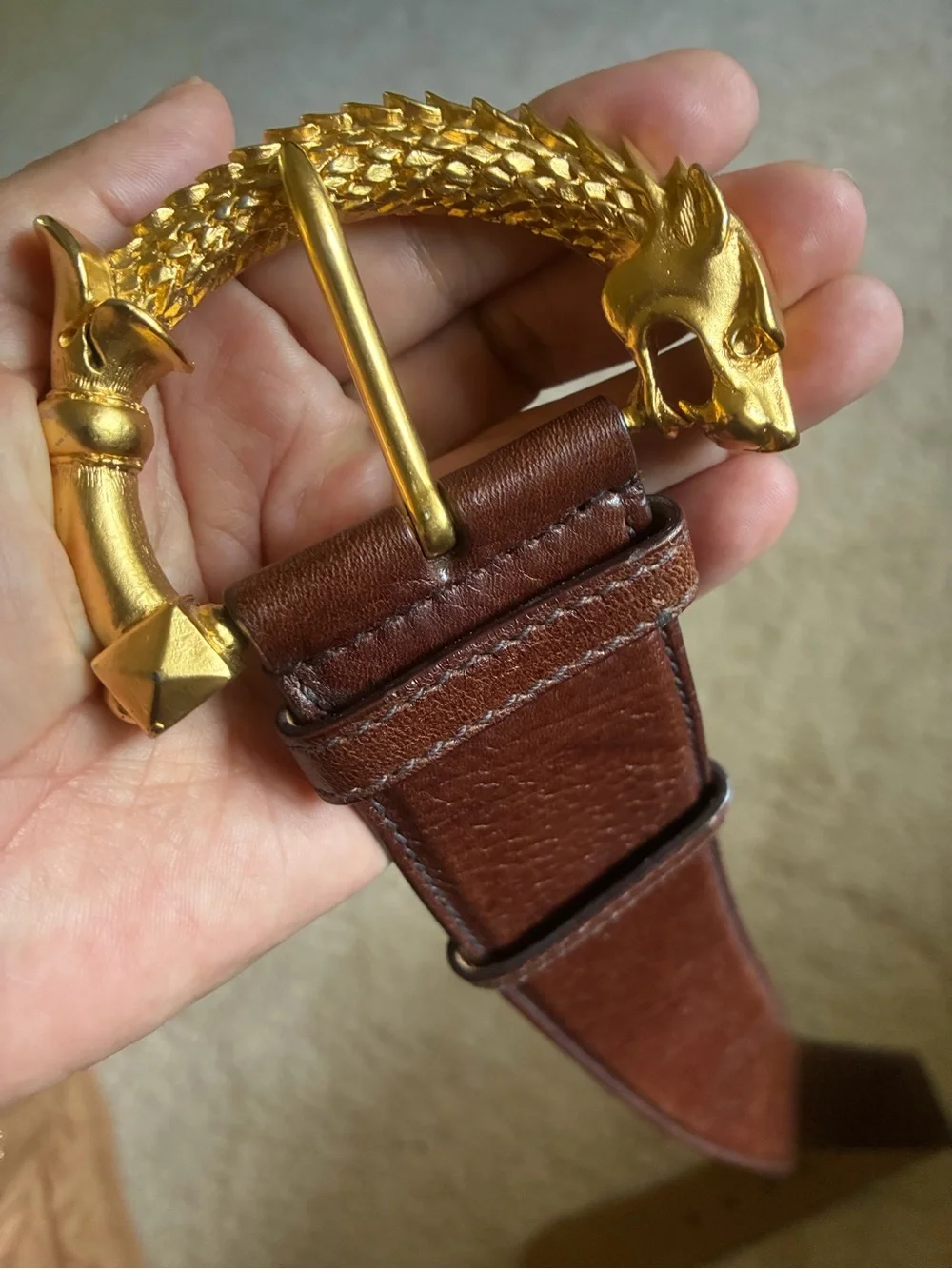 Authentic Prada Brown Leather Belt with Dragon Snake Gold Serpent Buckle - Picture 3 of 15